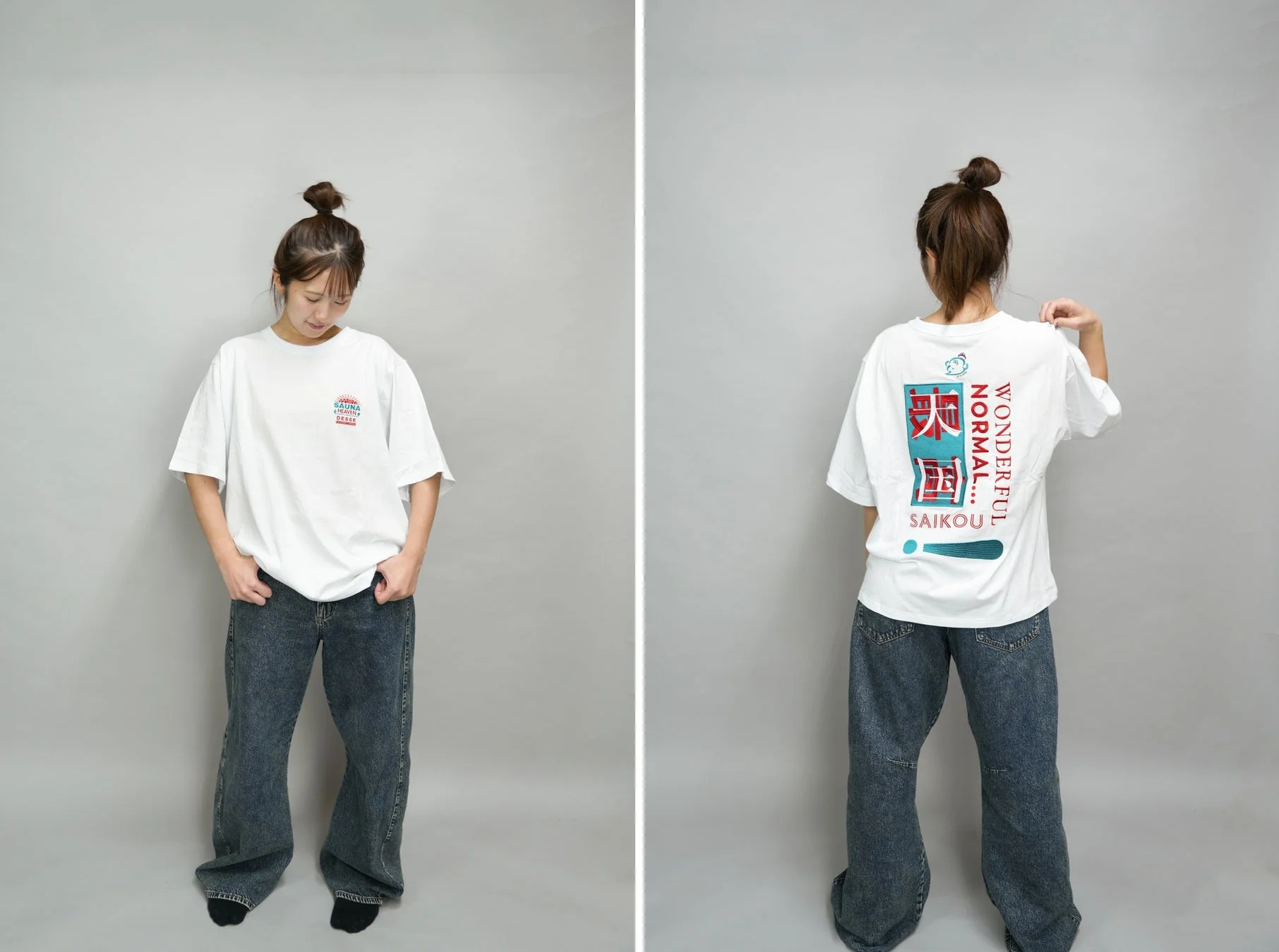 女性モデルがサウナヘヴン草加コラボTシャツを着用