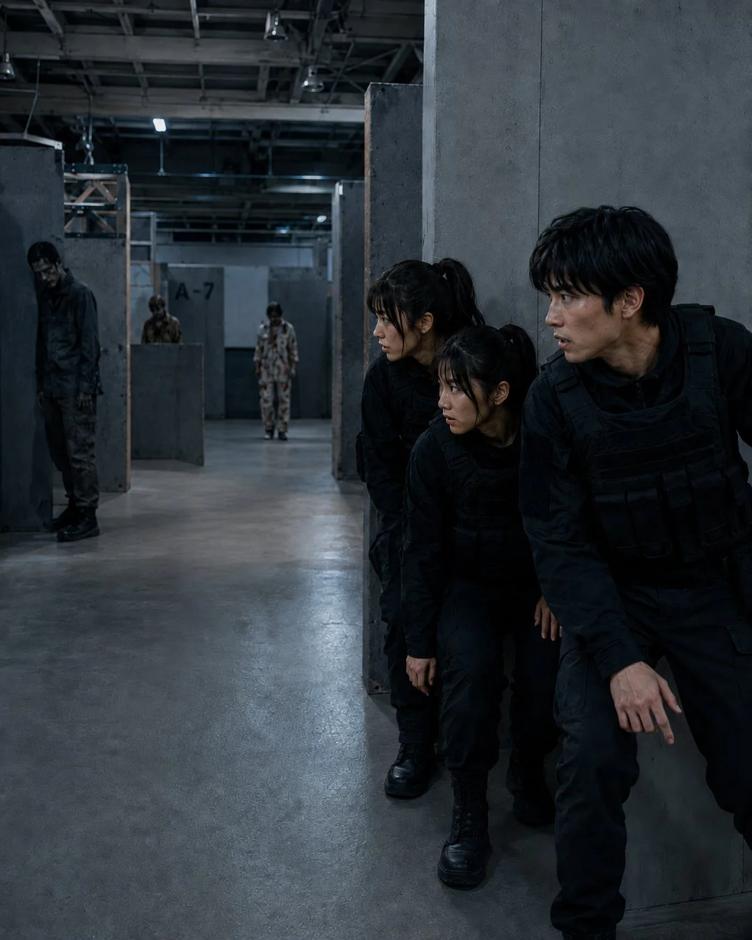 暗い廃墟のような場所で、黒い戦術服を着た3人の若者が壁に隠れ、遠くのゾンビのような人物たちを警戒している様子