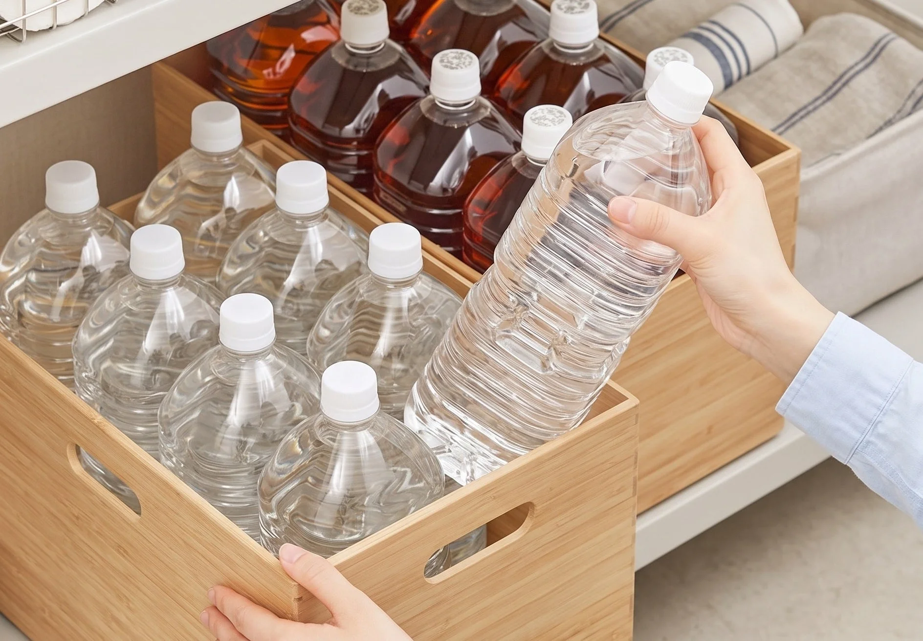 木製ボックスに収納されたペットボトル入りの水