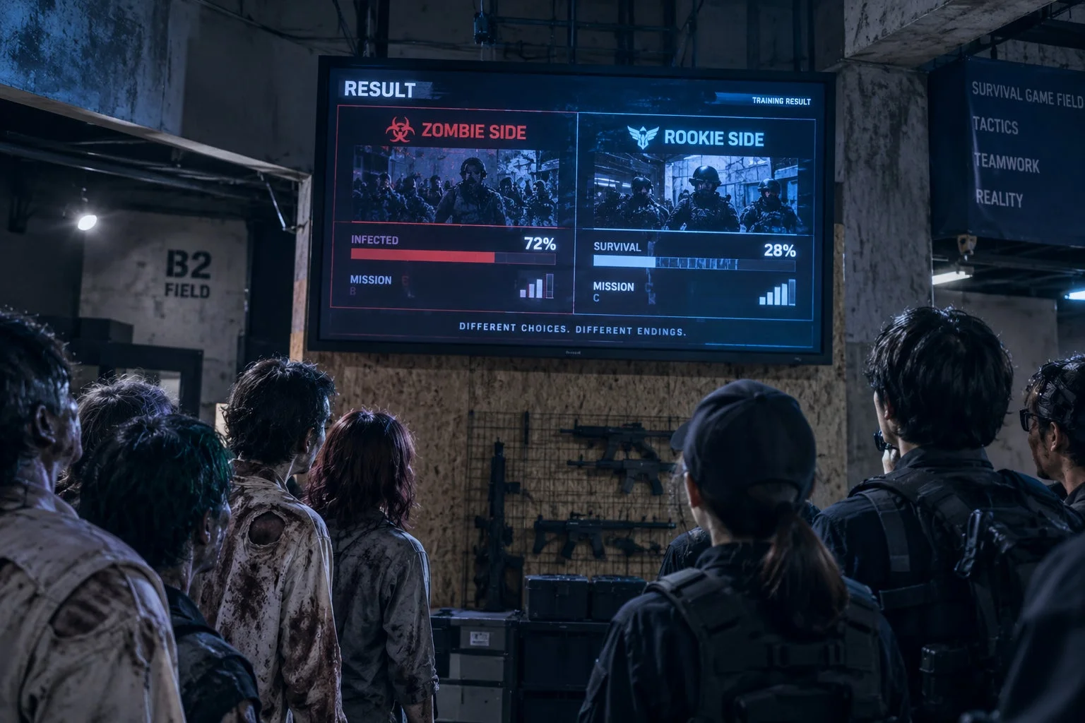 ゾンビサイドとルーキーサイドに分かれたサバイバルゲームの訓練結果が大型モニターに表示されている様子